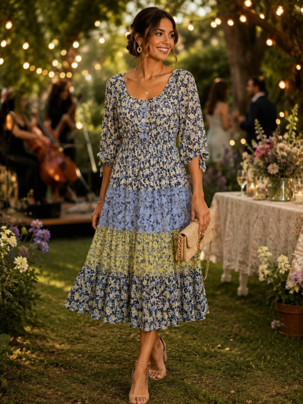 NWT blue and yellow floral midi dress. Size M.